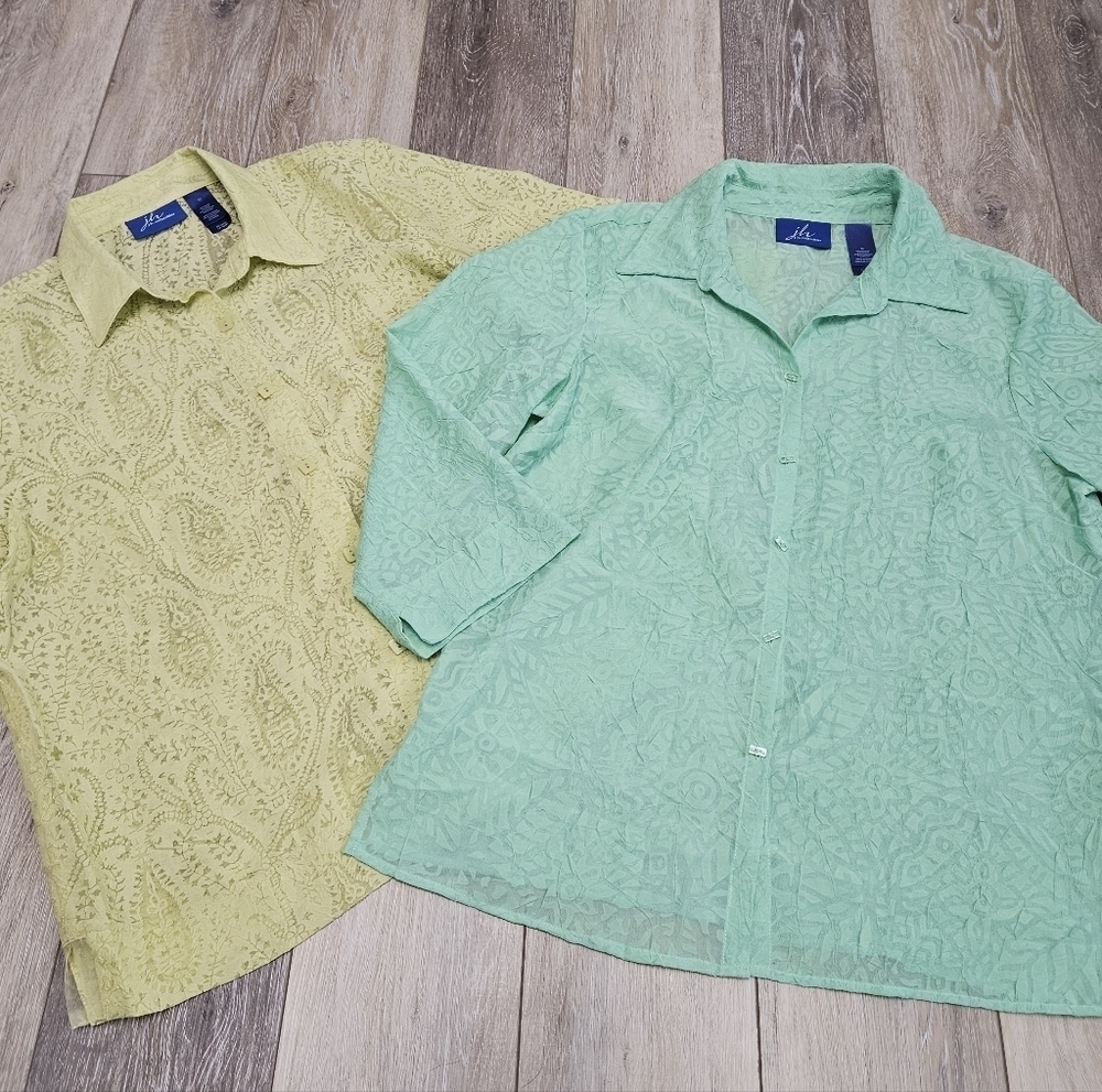 JH Collectables 2 Pack Bundle Sheer Button Up Top Green Yellow Women's Medium